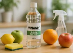 Botella de vinagre blanco destilado de 750 ml sobre una mesa de madera, acompañada de frutas (manzana, naranja, limón) y utensilios de limpieza como esponja y atomizador, simbolizando su uso como desinfectante natural en el hogar.